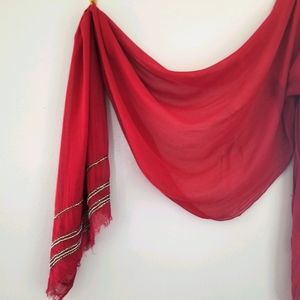 Long red linen scarf with silver beading